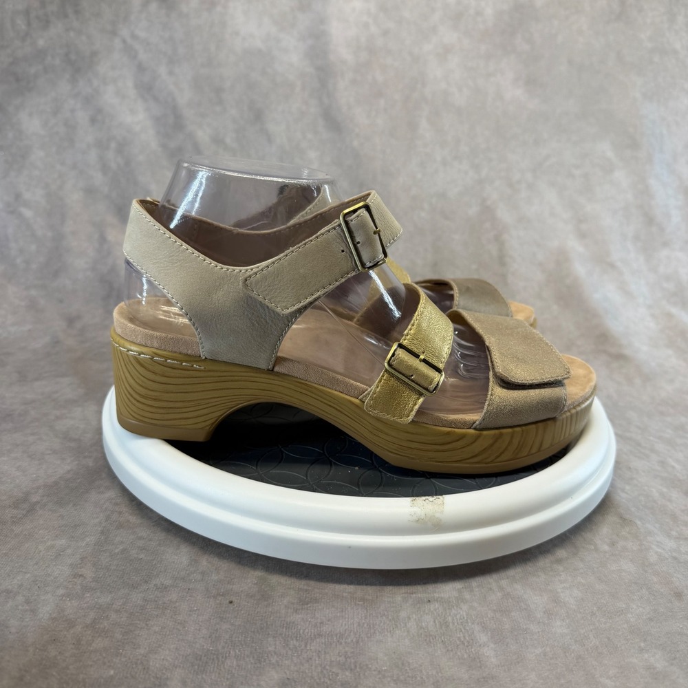 Dansko Tiana Sandal Women 40 Gold Leather Ankle Strap Wedge Platform 1020862200